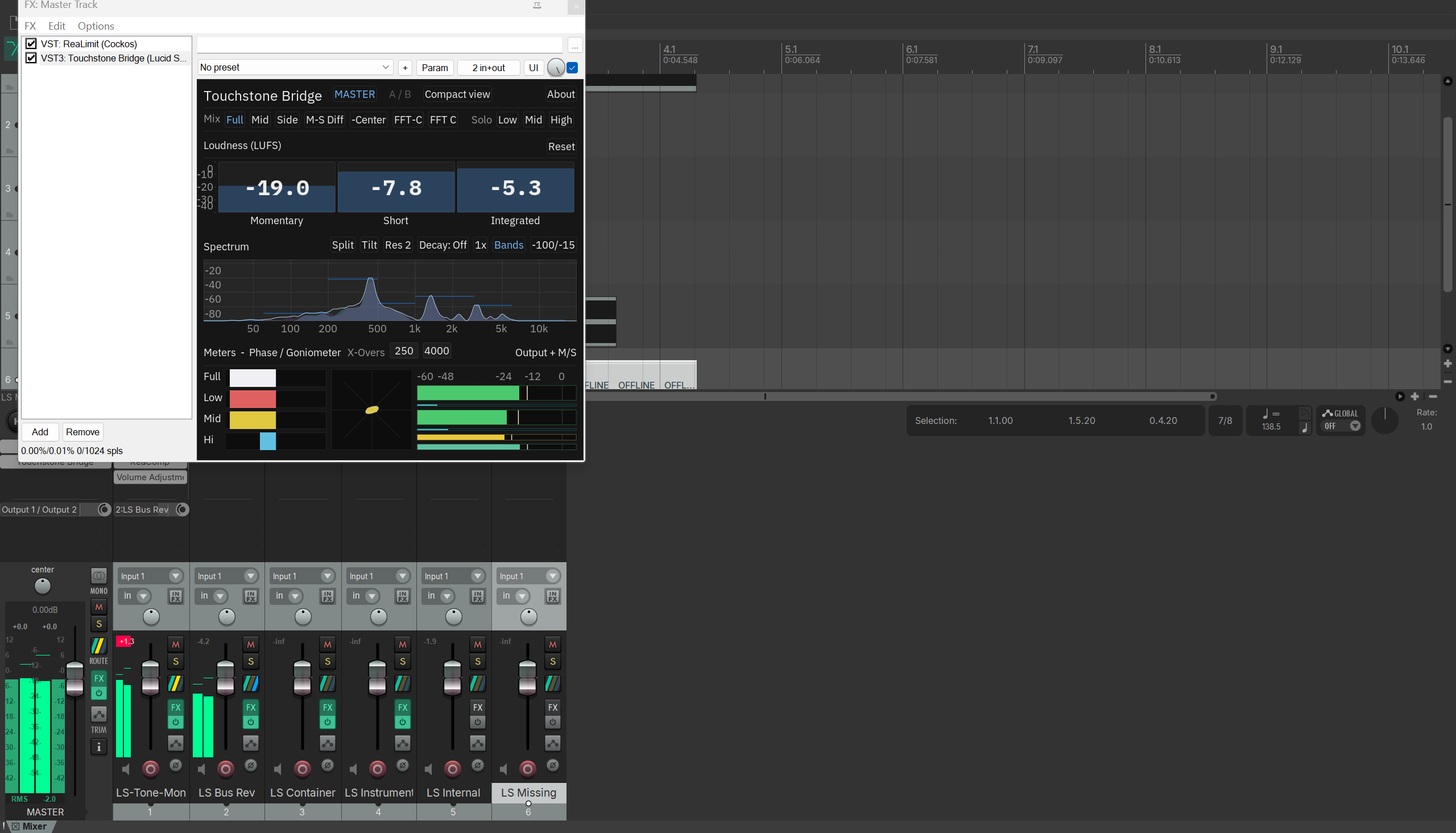 Touchstone Bridge plug-in on a DAW master bus showing listening modes, band solo and live loudness meters.