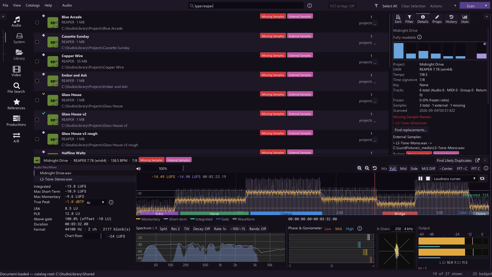 Touchstone dashboard: filtered project catalog, detail panel, and a live loudness and spectrum analysis strip.