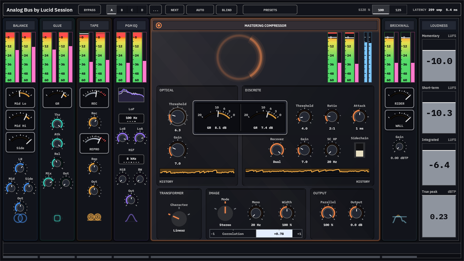 Optical and discrete compressors reducing side by side on one scale, with the correlation bar below.